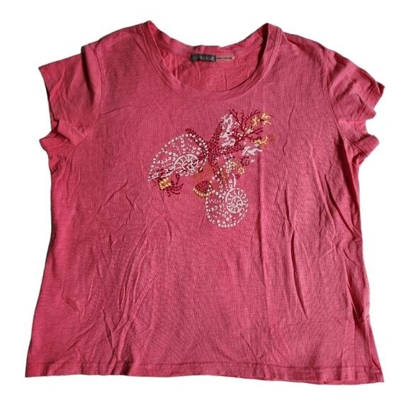 Three Hearts pink white yellow red sea shell print short sleeve t shirt sz PXL - Picture 1 of 10